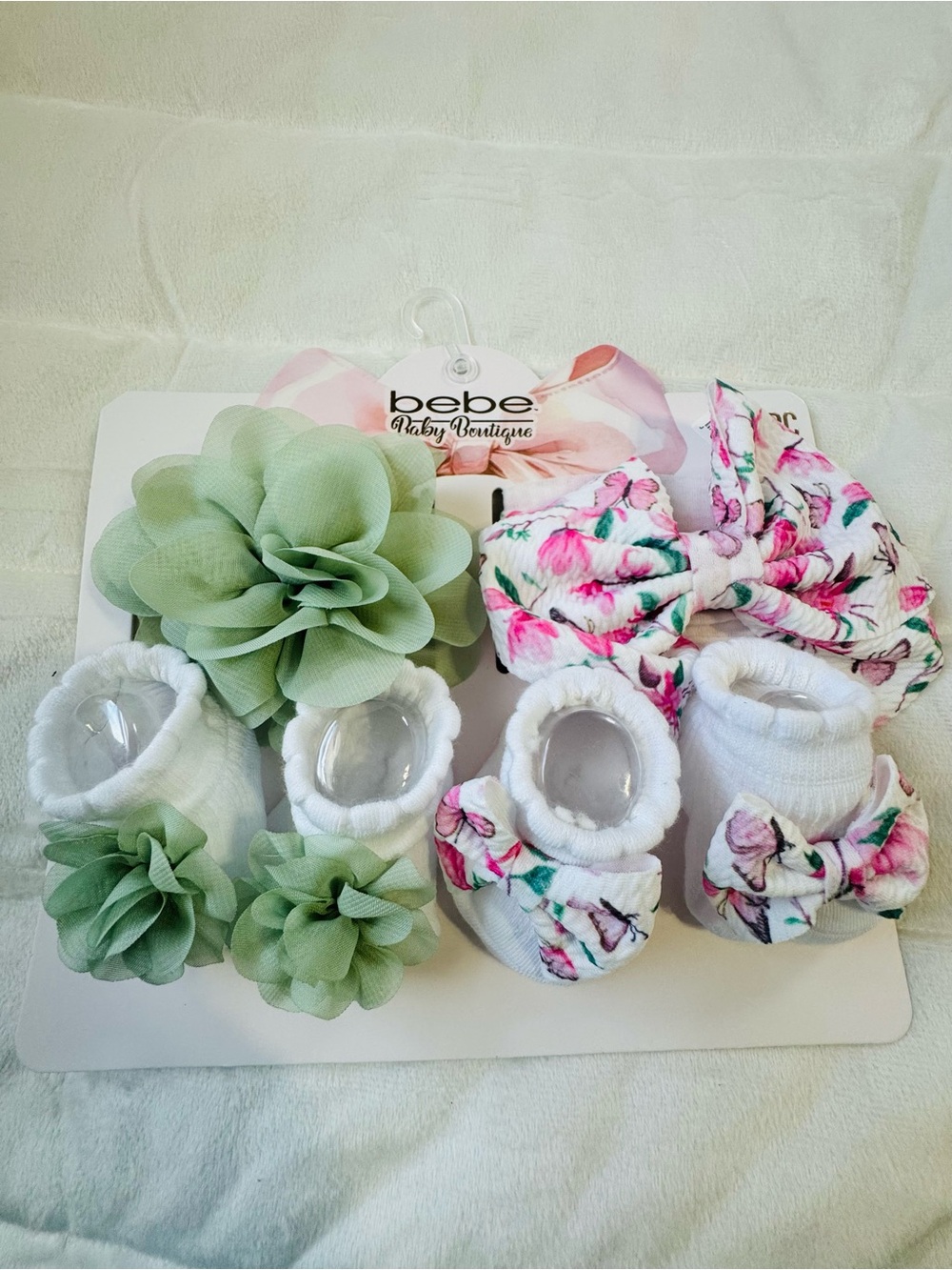 bebe Floral Pink & Green Baby Bow, Headband and Sock Set